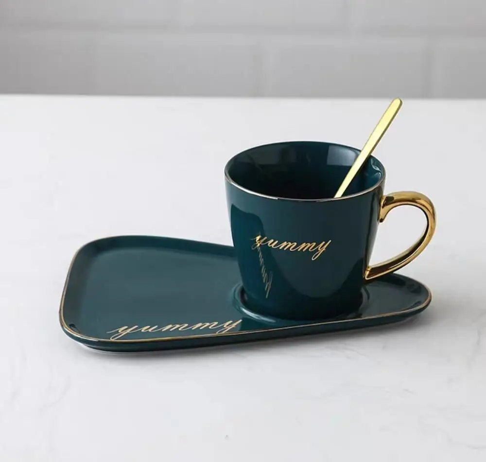 bright green set C Скандинавская керамическая кофейная чашка с ложкой и блюдцем, набор креативных европейских роскошных чашек для завтрака, закусок, послеобеденного чая, набор посуды с поддоном - Цвет: bright green set C