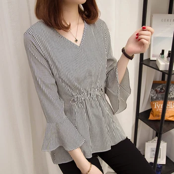 

COIGARSAM 4XL Plus Size Ruffles blouse women New Chiffon Loose Flare Sleeve V-Neck blusas womens tops and blouses 8296