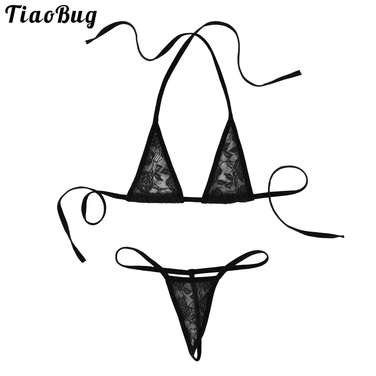 

2 шт. Для женщин комплект нижнего белья кружево Прозрачная с воротником-хомутом для маленьких девочек мини-микро бикини бюстгальтер-топ со стрингами, раздел-детское нижнее белье