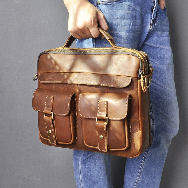 Men Natural Leather Vintage Coffee Design Business Briefcase 13\