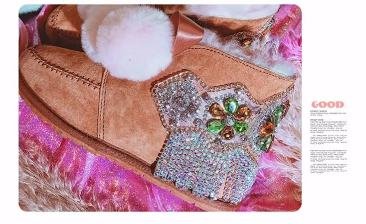 Women Shoes Woman Boots Snow Boots New Winter Handmade Rhinestones Gem Tassel Sheep Fur One Warm Thick Snow Boots X104