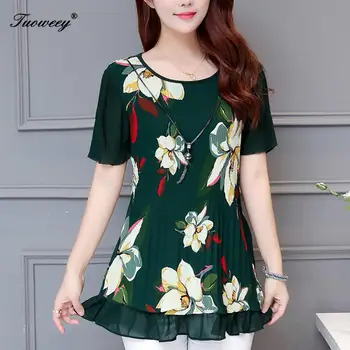 

2020 New Large size 4XL Women's Summer style Chiffon Shirt Fashion Floral Loose Blouse Round neck Short-sleeved Shirt Female
