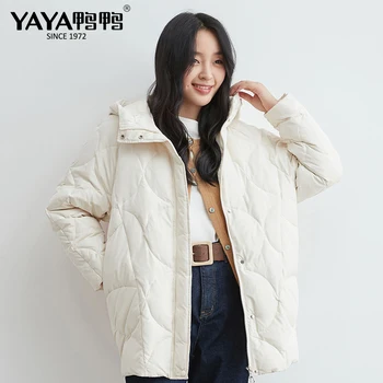 

YAYA 2020 Winter New Front and Back Spliced Grey Duck Liner Down Jacket Women European Style Warm Hooded Overcoat