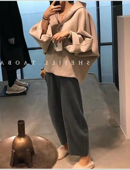 Beige blue set Новинка, костюм из двух частей, большие размеры, женские костюмы, широкие брюки, комплект, толстовки, толстовка, Женское пальто, осенний флисовый пуловер Harajuku, флис - Цвет: Beige blue set