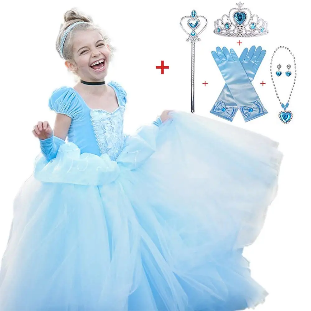 Платья Эльзы для девочек; платье с единорогом; Детский костюм на Хэллоуин; Детские праздничные платья для девочек; платье Золушки; платье принцессы Белоснежки - Цвет: Blue12