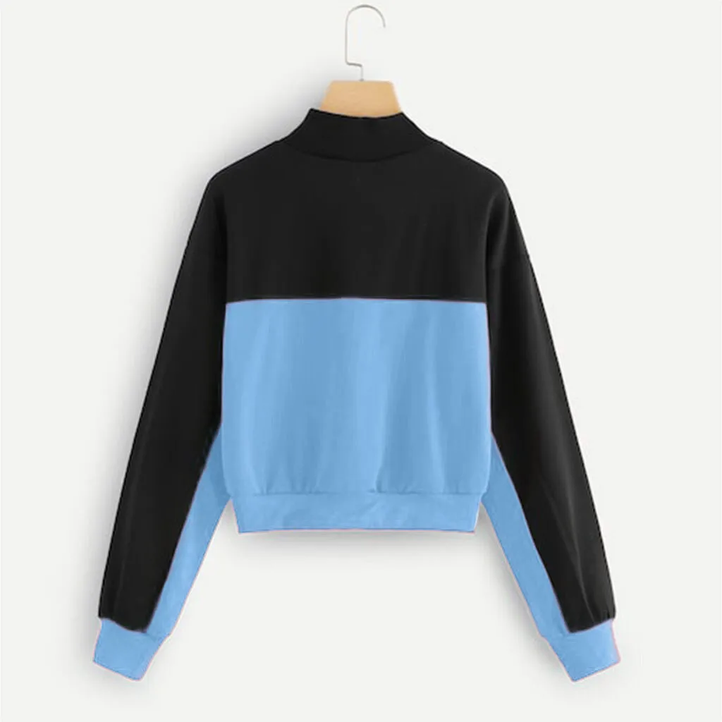 Jaycosin 2019 Fashion Autumn Women Simple Loose Colorblock Zipper Sweatshirt Stylish Long Sleeve Comfortable Casual Blouse 108#4