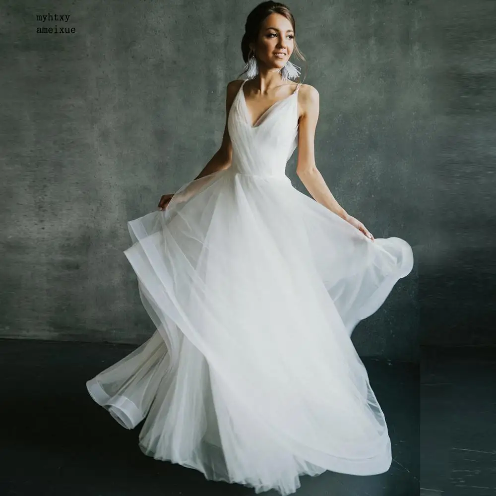 

Cheap Simple V-neck Backless Plus Size Wedding Dress 2020 Boho Bride Dress Vestido De Novia Tulle A-line Bridal Gown Customized