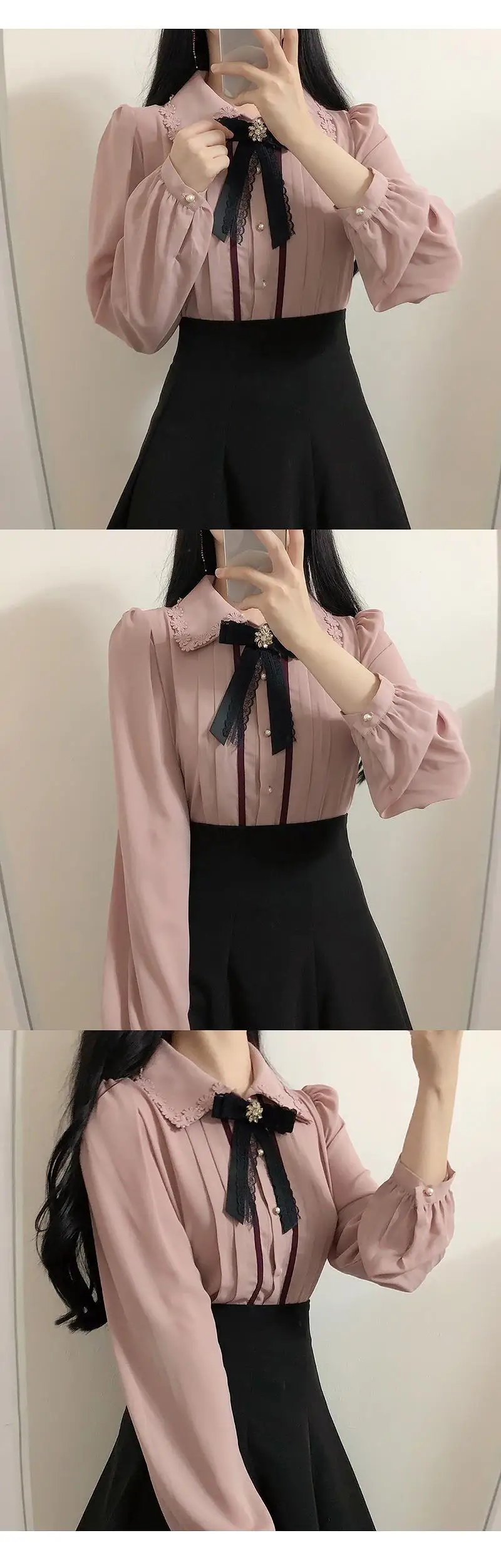 2020 Spring Womens Cute Tops Preppy Style Vintage Japaneses Korea Design Button Elegant Formal Shirts Blouses Pink White 12020