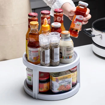 

Kitchen Turntable Spice Organizer 2-Tier Non-Skid Seasoning Rack Cabinet Storage Bin for Pantry Refrigerator Drinks Bathroom