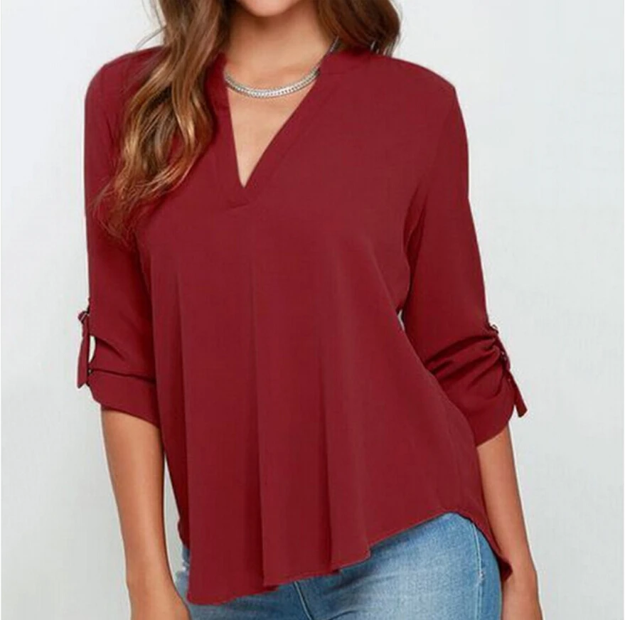 Blusas mujer de moda женское платье с v-образным воротом шифоновые блузки длинным рукавом