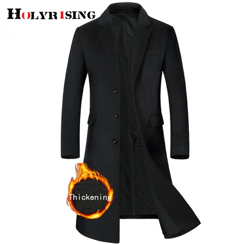 HOLYRISING, мужское длинное шерстяное пальто, утолщенное, мужской Тренч, мужское кашемировое пальто, высокое качество, шерстяное пальто, длинная парка, 19036-5 - Color: Thick Black