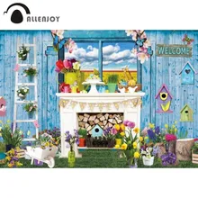 

Allenjoy Spring Easter Backdrop Blue Wood Wall Eggs Photography Background Garden Bunny Floral Party Decor Banner Photo Booth