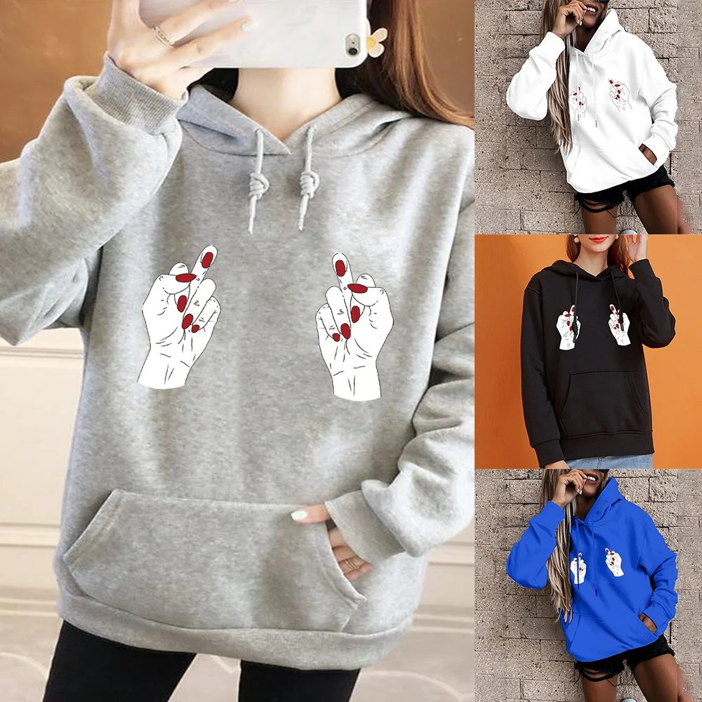 Super Dalian Hoodie Women's Top Base Long Sleeve Top Gesture Print Loose Pocket Hoodies Girls Casual Harajuku Pullover