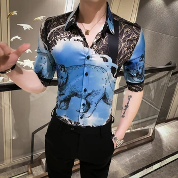 

Shirt for Men White fox Print Slim Middle Sleeve Blouse Male Personality Animal Pattern Shirts Summer New Arrival