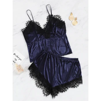 

Women 2Piece Set Sexy Lace Underwear Lingerie Set Spaghetti Straps V Neck Satin Sleepwear Nightwear Pajamas Set Nightclothes