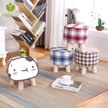 

Fashion Home Sofa Upholstered Footstool Nordic Round Stool Wooden Leg Chair Pattern Round Fabric 4 Legs Kids Stool Bench