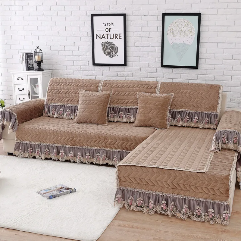 

Super Soft Crystal Velvet Quilted European Style Hem Sofa Cushion Winter Plush Anti-slip Sofa Cover Pujiang