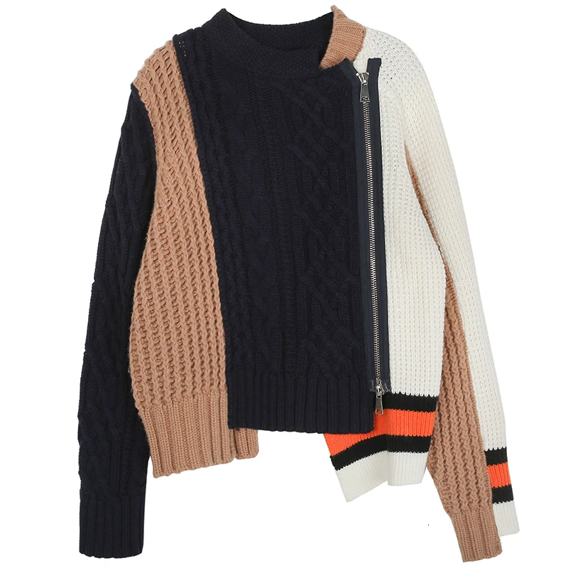 CHICEVER Patchwork Hit Color Women's Sweater Long Sleeve O Neck Zipper Pullover Knitting Female Sweaters Autumn Fashion New