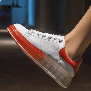 

women white sneakers transparent platform airpad bottom genuine leather cowhide flat casual holiday shopping shoes preppy style