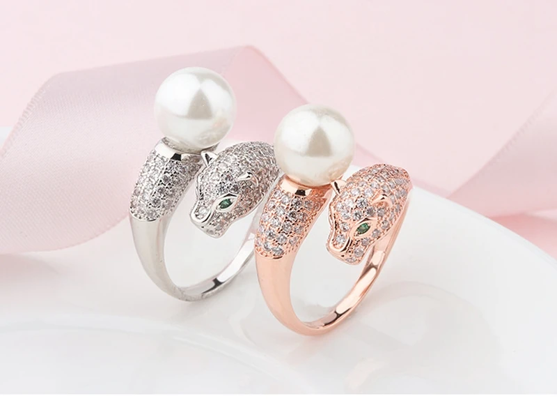 European and American domineering leopard head opening ring fashion imitation pearl creative animal ladies copper ring