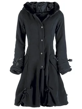 

Women Winter Coat Warmness Fleece Casual Black Overcoat Gothic Ladies Hooded Outwear Pocket Lace Up Female Fashion Long Coats