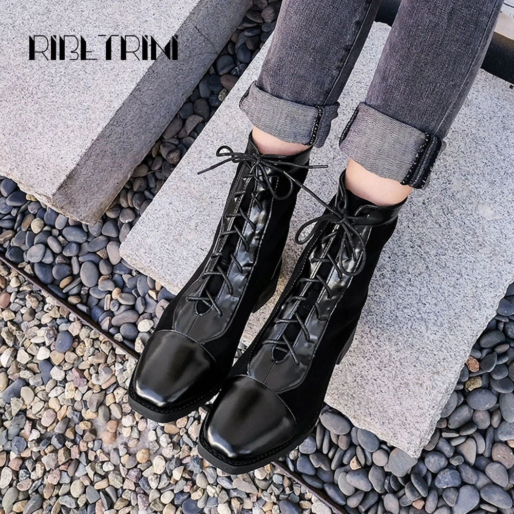 

RIBETRINI New Spring Female Fashion Square Toe Shoes Woman Brand lace-up Patchwork Ankle Boots Women Med Chunky Heels Boots