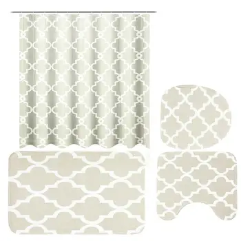 

4 pcs/set Bathroom Shower Curtain Durable Waterproof Bath Curtain Set Toilet Cover Mat Non-Slip Bathroom Rug Set