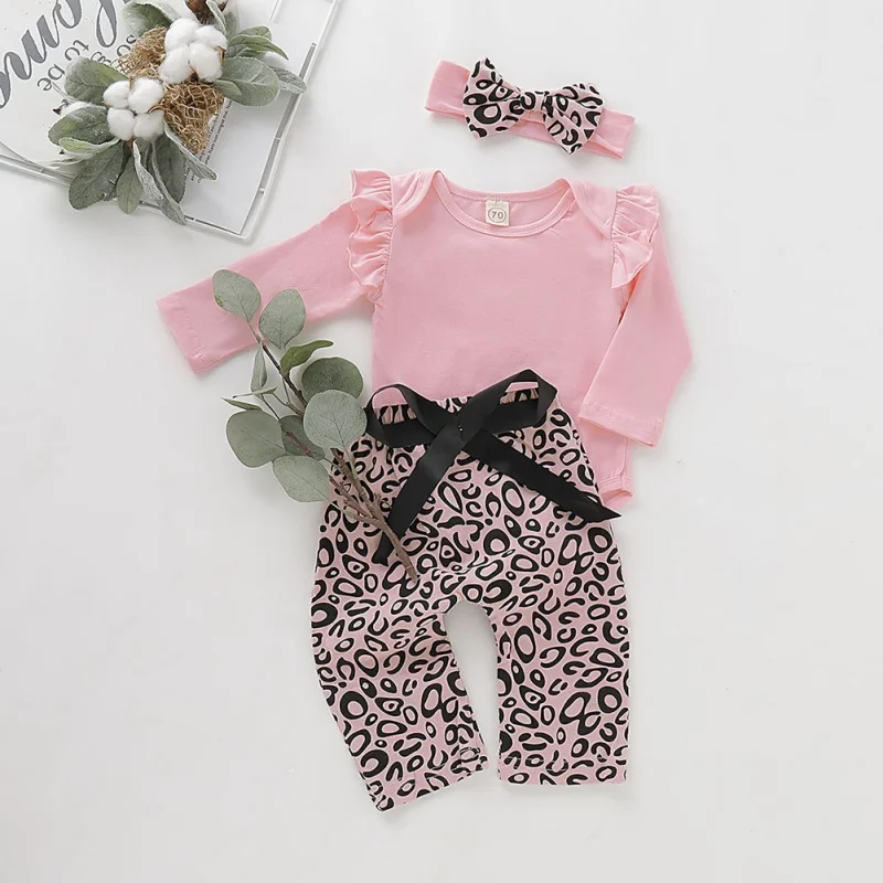 

Fashion Rompers Summer Baby Girl Adorable Long Flare Sleeve Solid Print Romper Tops Leopard Trousers Headband Leisure Clothes