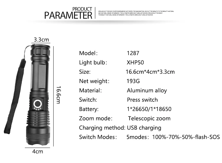 Super Bright XHP70.2 LED Flashlight Zoomable Torch USB Rechargeable Flashlight XHP50 LED Torch Portable Use 18650/26650 Battery