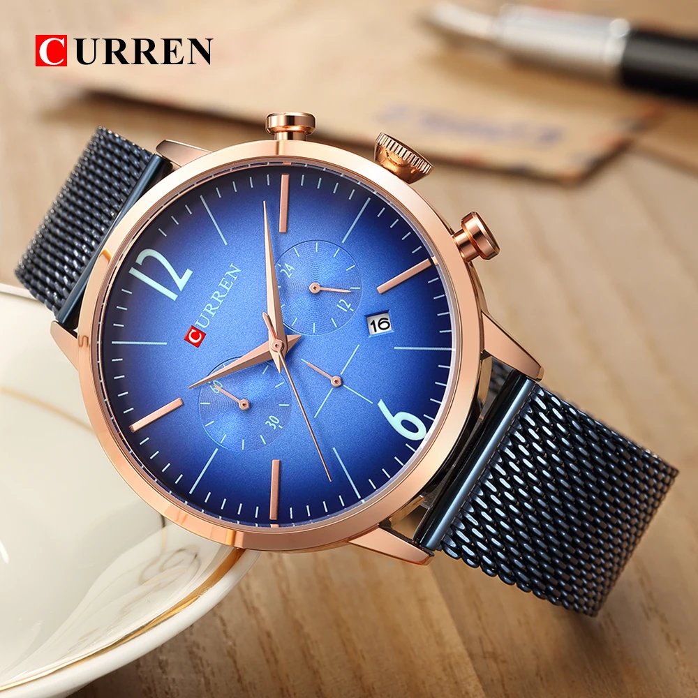 Кварцевые фирмы carren часы мужские Простое Повседневное платье сетка сталь наручные часы синий циферблат часы для офиса