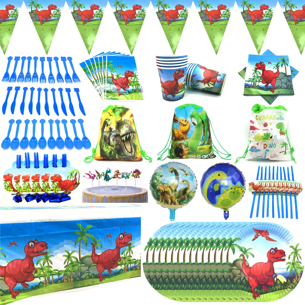 Dinosaurio partido suministros para fiestas temáticas dinosaurio cumpleaños desechables placa taza Banner de ducha de bebé dinosaurio decoración fiesta de globos