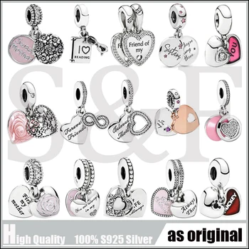 

100% 925 Sterling Silver Charm Pave Double Heart Beloved Mother Pave Crystal Pendant Charm Fit Original PAN Bracelet DIY Jewelry