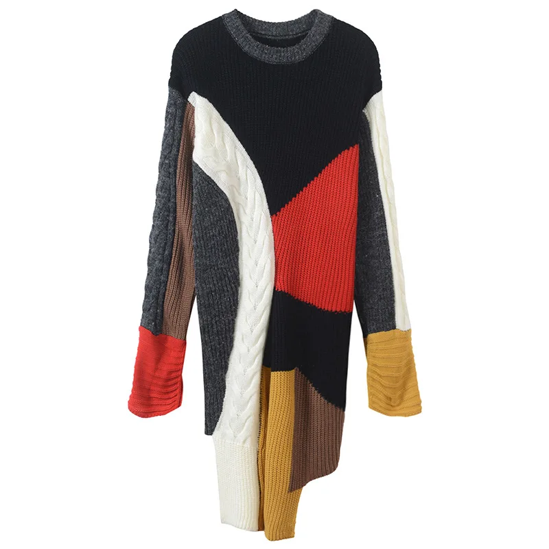 19 Autumn And Winter New Products Online Celebrity Style CHIC Hong Kong Flavor Mixed Colors Sweater Irregular Loose-Fit Long Swe
