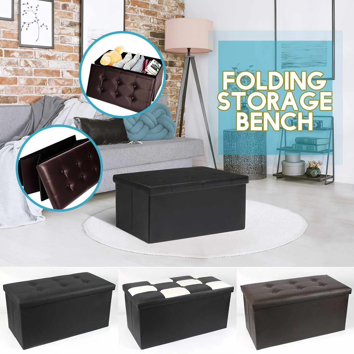 

76x38x38cm Folding Cuboid Ottoman Bench PU Leather Pouffe Storage Box Lounge Seat Footstools Brown White Black Grid Pattern Home