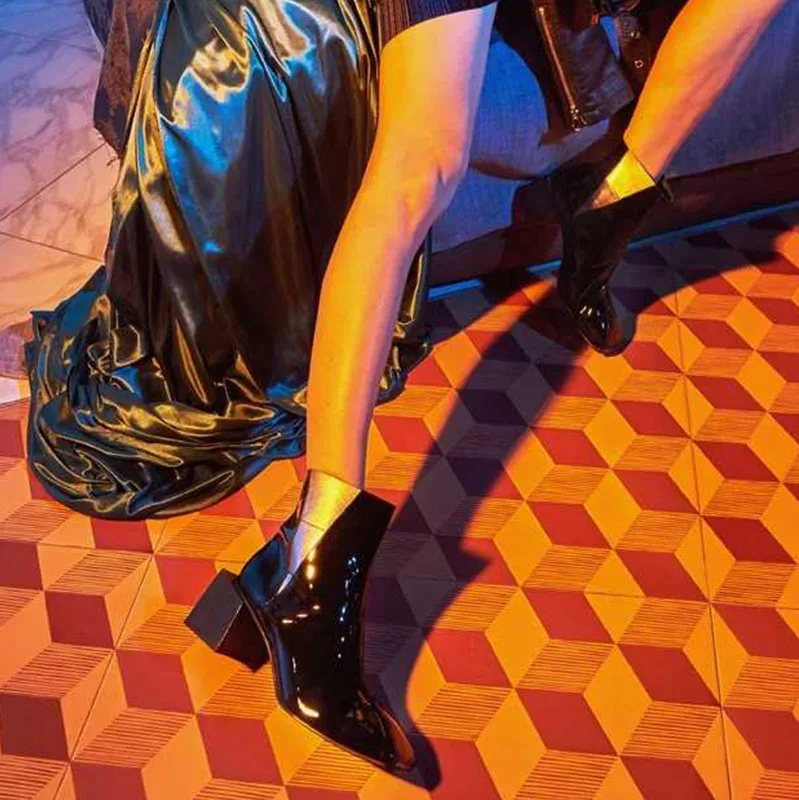 

Women Chelsea Boots Autumn Winter New Thick Heels Square Toe Ankle Boots Martin Boots Elastic Band Slip On Black Booties