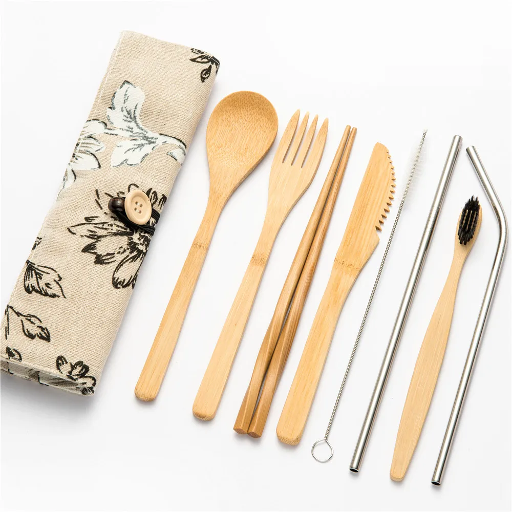 10pcs set010 7/8/10 шт./компл. многоразовый бамбуковый набор деревянных столовых приборов вилка экологичный разделочная сумка офисных работников Пособия по кулинарии Кухня инструмент набор посуды - Цвет: 10pcs set010