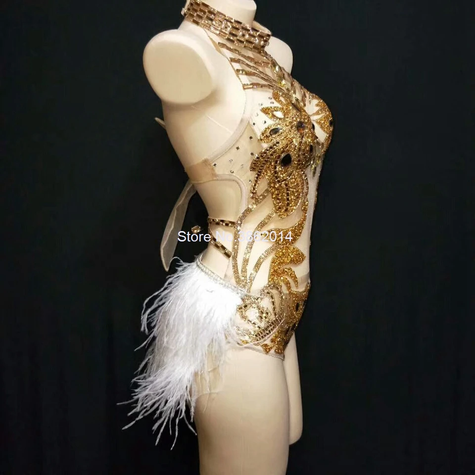 odysuit-with-gloves Sparkly Silver Crystals Mesh Bodysuit Women Feather Leotard Outfit Female Bar Dance Stage Party Dance Costume Celebrate Dress 