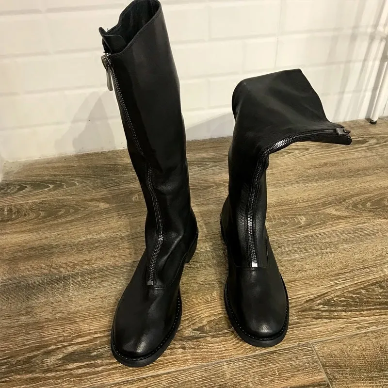 black fleece lining Зимние Модные женские рыцарские сапоги до колена; сапоги для верховой езды из натуральной кожи на молнии; белые байкерские кожаные сапоги - Цвет: black fleece lining