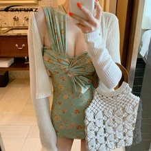 Купальник с открытыми плечами Монокини купальник женский цветочный принт одежда для плавания плиссировка одной части Купальник Зеленый трикини бант пляжная одежда XL