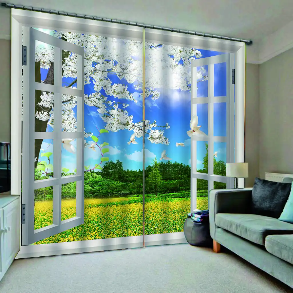 Grun Landschaft Weisse Blume Ausserhalb Fenster Vorhange Schlafzimmer 3d Fenster Vorhang Luxus Wohnzimmer Schmucken Cortina Vorhange Aliexpress