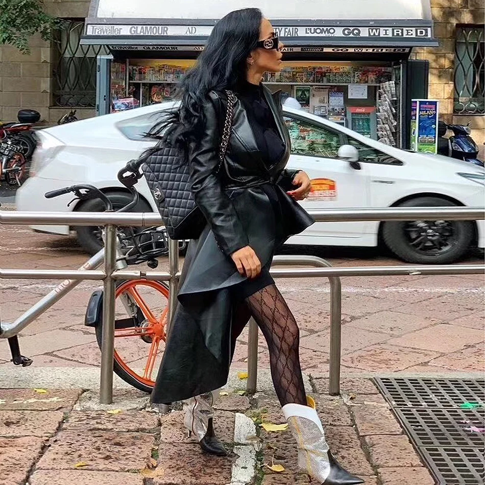 wonderful  2019 Fashion Autumn Pu Leather Ladies Jacket Coat Coat Lapel Long Sleeve Irregular Belt Hem Ruffled