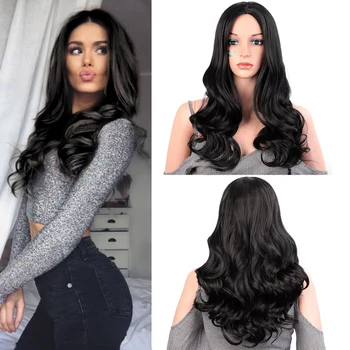 Stamped Glorious Natural Wave Wig Ombre Black Brown Wig Synthetic Long Wigs for Women Middle Part Heat Resistant Fiber Hair 5