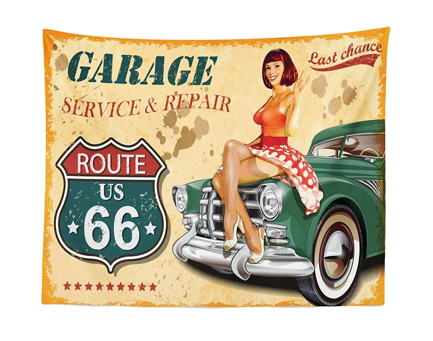 Lunarable Route 66 гобелен в винтажном стиле гаражный плакат с женщины на ретро автосервис ремонт тема
