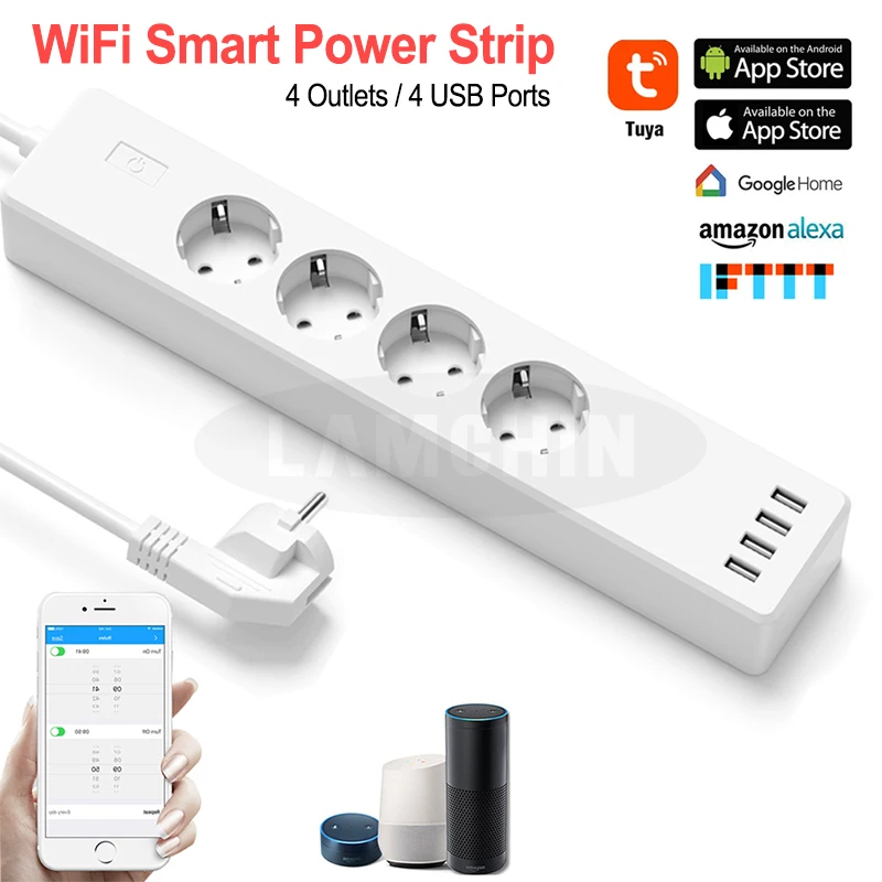 EU SOKET PLUG Wifi Smart Power Strip 4 EU Outlets Plug With 4 USB Port Timing App Voice Control Work With Amazon Alexa And Google Assistant - Комплект: EU SOKET PLUG