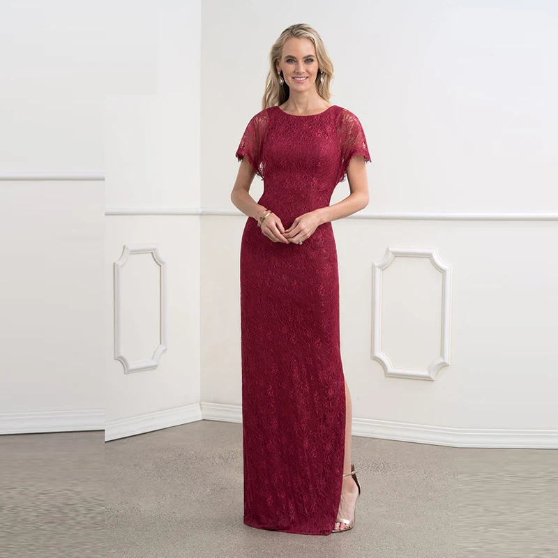 

Elegant Red Lace Side Split Short Sleeve Mother of the Bride Dresses Jewel Neck Sheath Wedding Party Gowns Floor Length