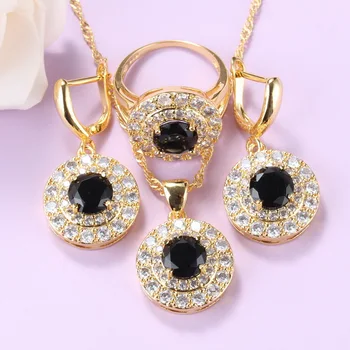 

Gold Plated African Necklace Sets For Women Round Black Zircon Costume Pendant Necklace And Earrings Ring 7-Color Jewelry Sets
