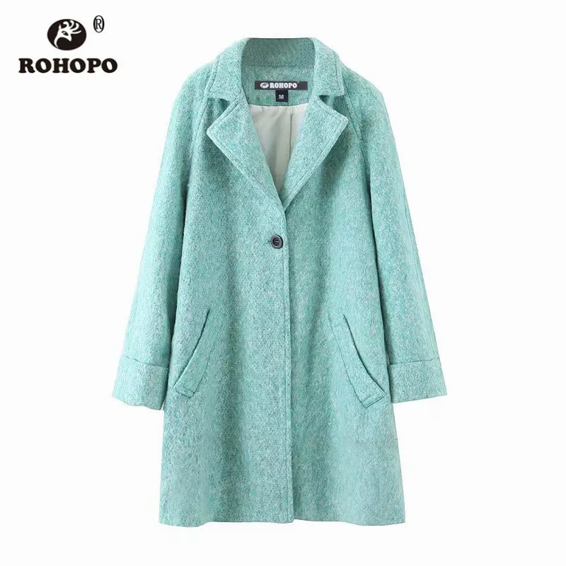 

ROHOPO Notched Collar Top One Button Solid Wool blend Autumn Ladies Straight Mint Green Coat winter Outwear #2146