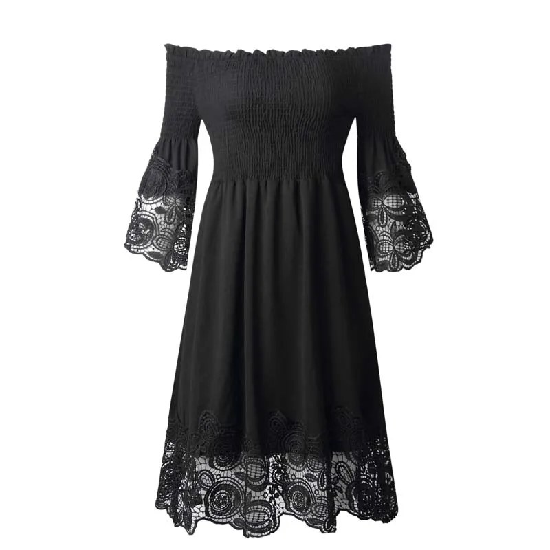 White Black A Line Off Shoulder Midi Backless Lace Dress - Dresses - Uniqistic.com