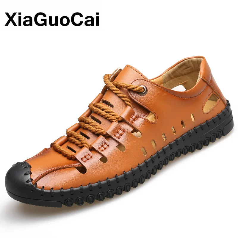 

Summer Men Leather Casual Shoes Fashion Trend Male Flats Hollow Out Man Dress Business Shoes 2020 High Quality Beach Sandals