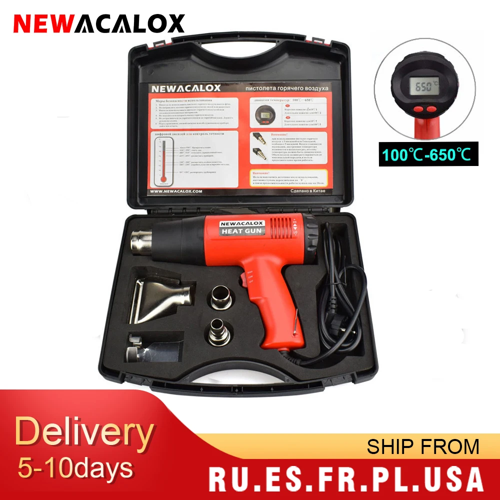 NEWACALOX 2000W 220V EU Plug Industrial Electric Hot Air Gun Thermoregulator LCD Display Heat Gun Shrink Wrapping Thermal Heater